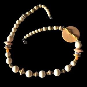 Pale wooden and white/pink mixed media necklace